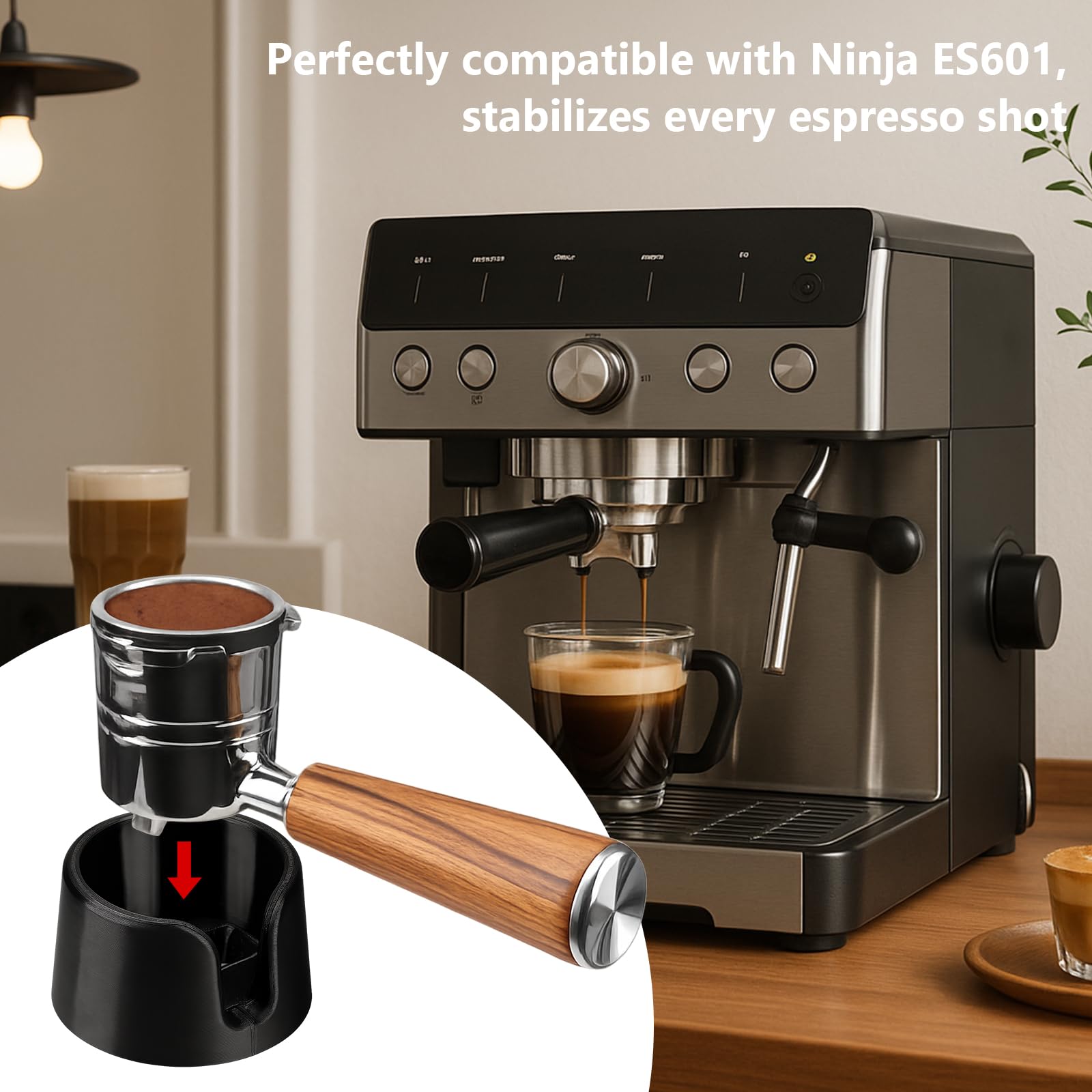 Menethil Luxe Cafe portafilter stand provides steady support during tamping for barista-quality results.