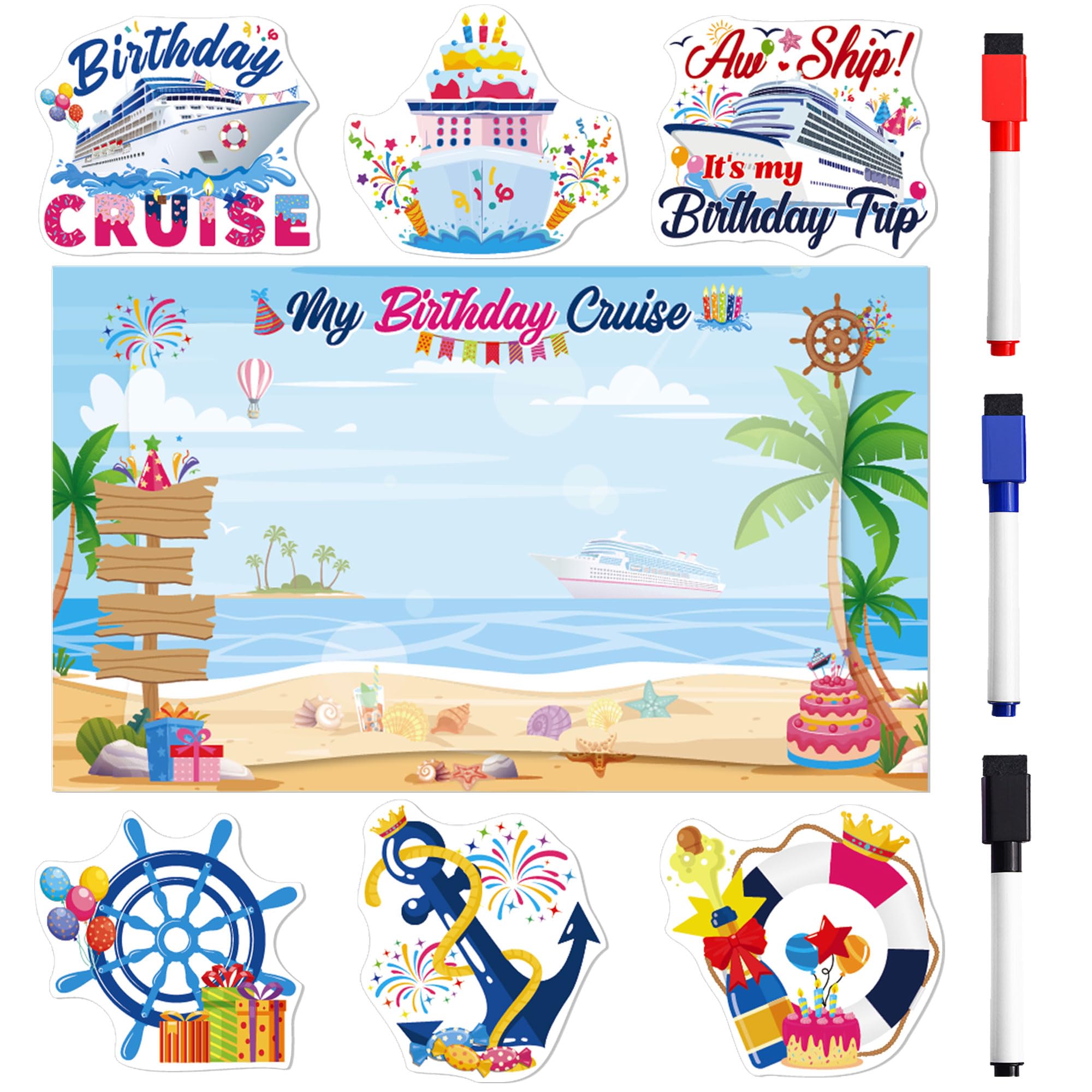 MENIFEND birthday cruise door magnets with colorful seaside graphics for a festive cabin entrance