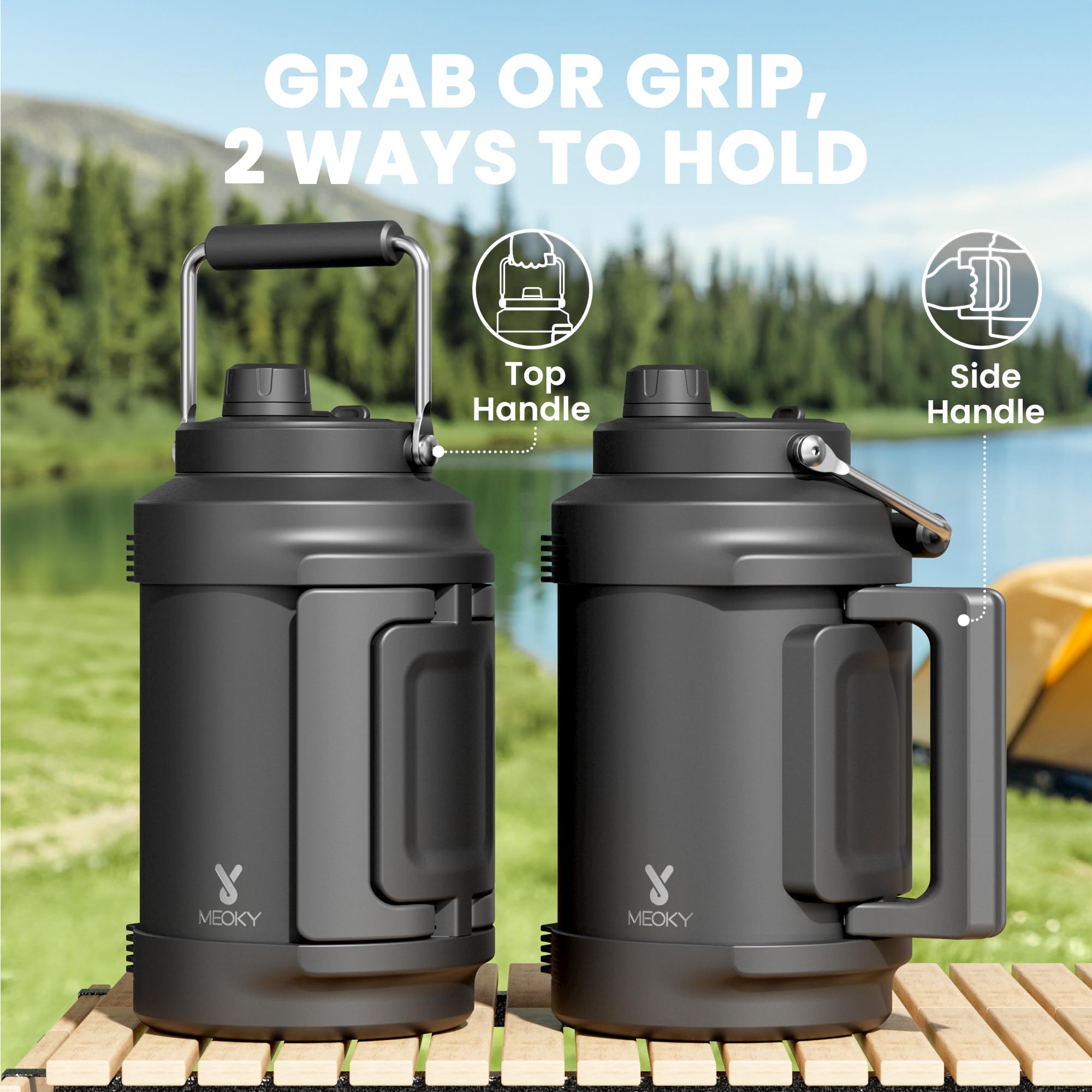 Meoky 2-in-1 lid shown for sipping and fast swigs outdoors