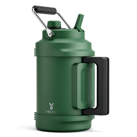 Meoky 1-gallon insulated bottle with a top handle for easy hiking transport.
