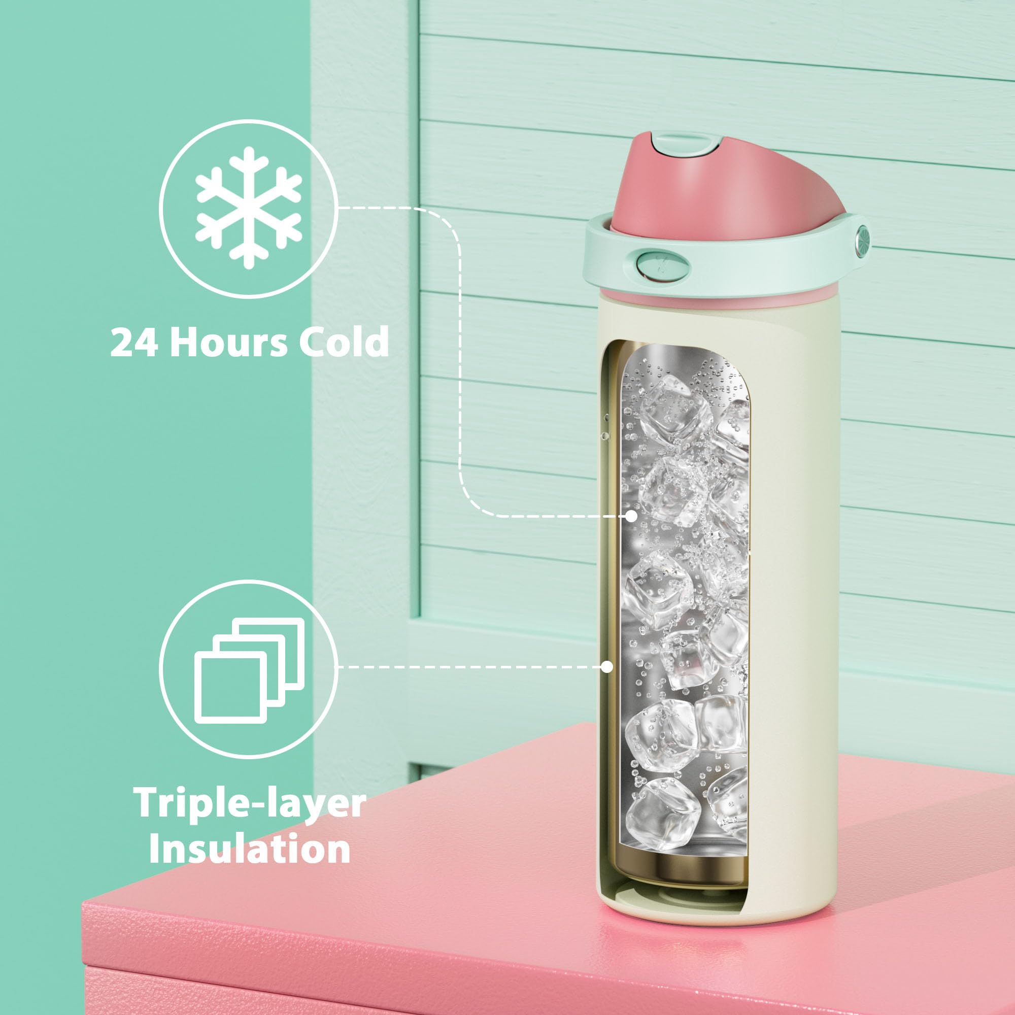 Meoky 24 oz double-wall insulation keeps drinks cold longer.