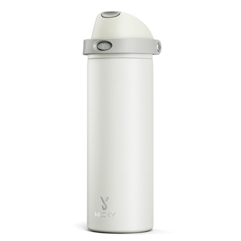 Meoky 24 oz ivory bottle with 2-in-1 lid for on-the-go hydration.