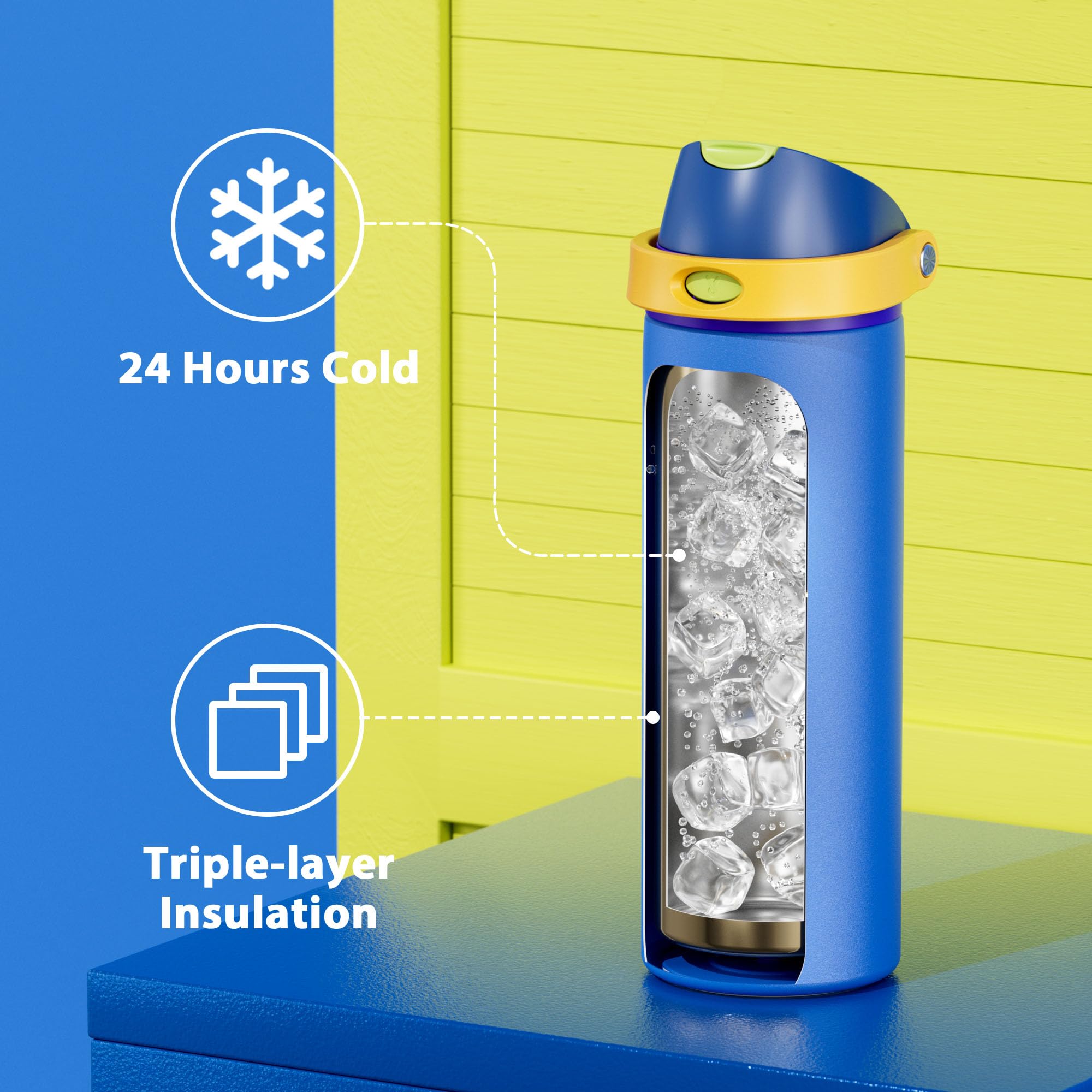 Meoky 24oz bottle highlighting double-wall insulation for lasting cold.