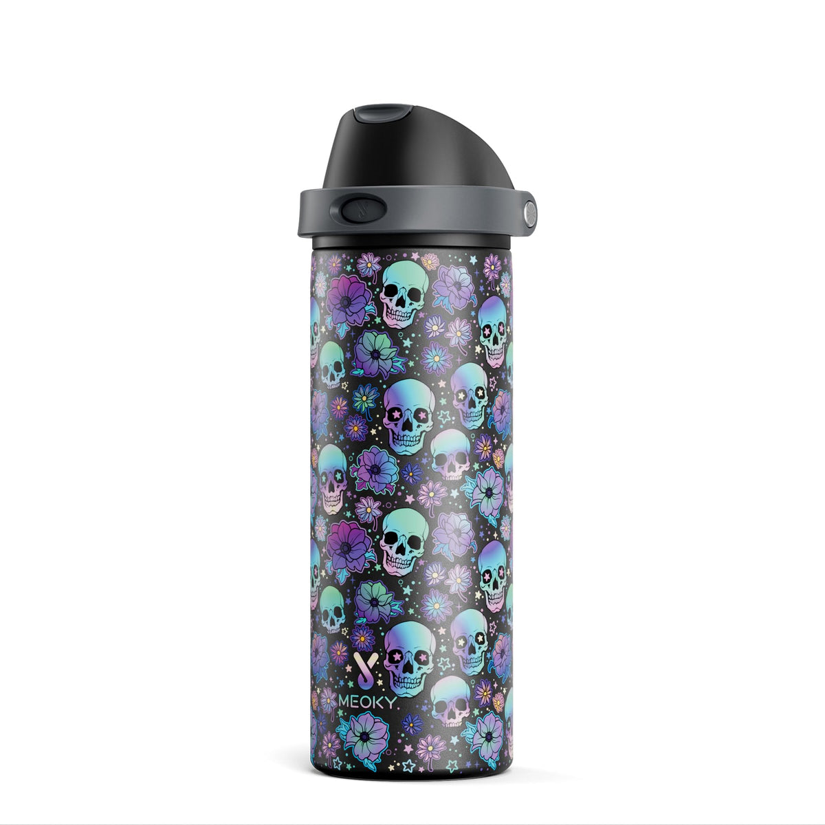 Meoky 24 oz insulated bottle front view in Spooky Petals design for all-day hydration