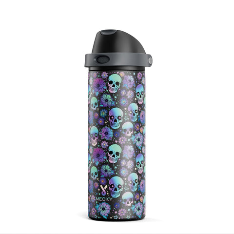 Meoky 24 oz insulated bottle front view in Spooky Petals design for all-day hydration