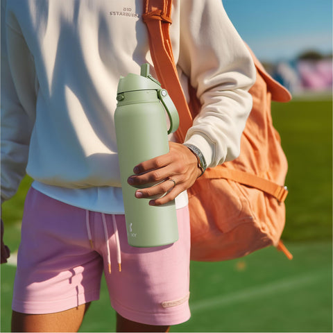 Meoky bottle with 2-in-1 lid for sipping and swigging.