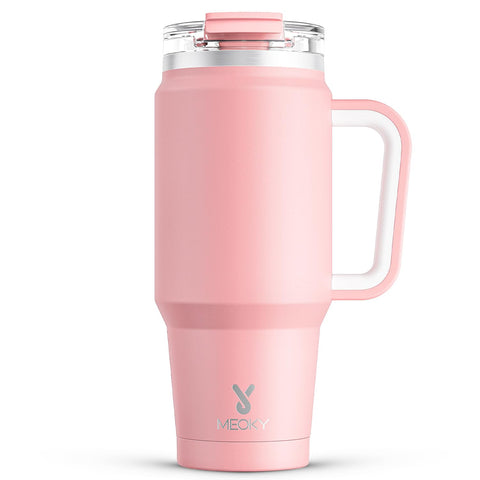 Meoky blush 32oz tumbler with handle for easy, secure grip.
