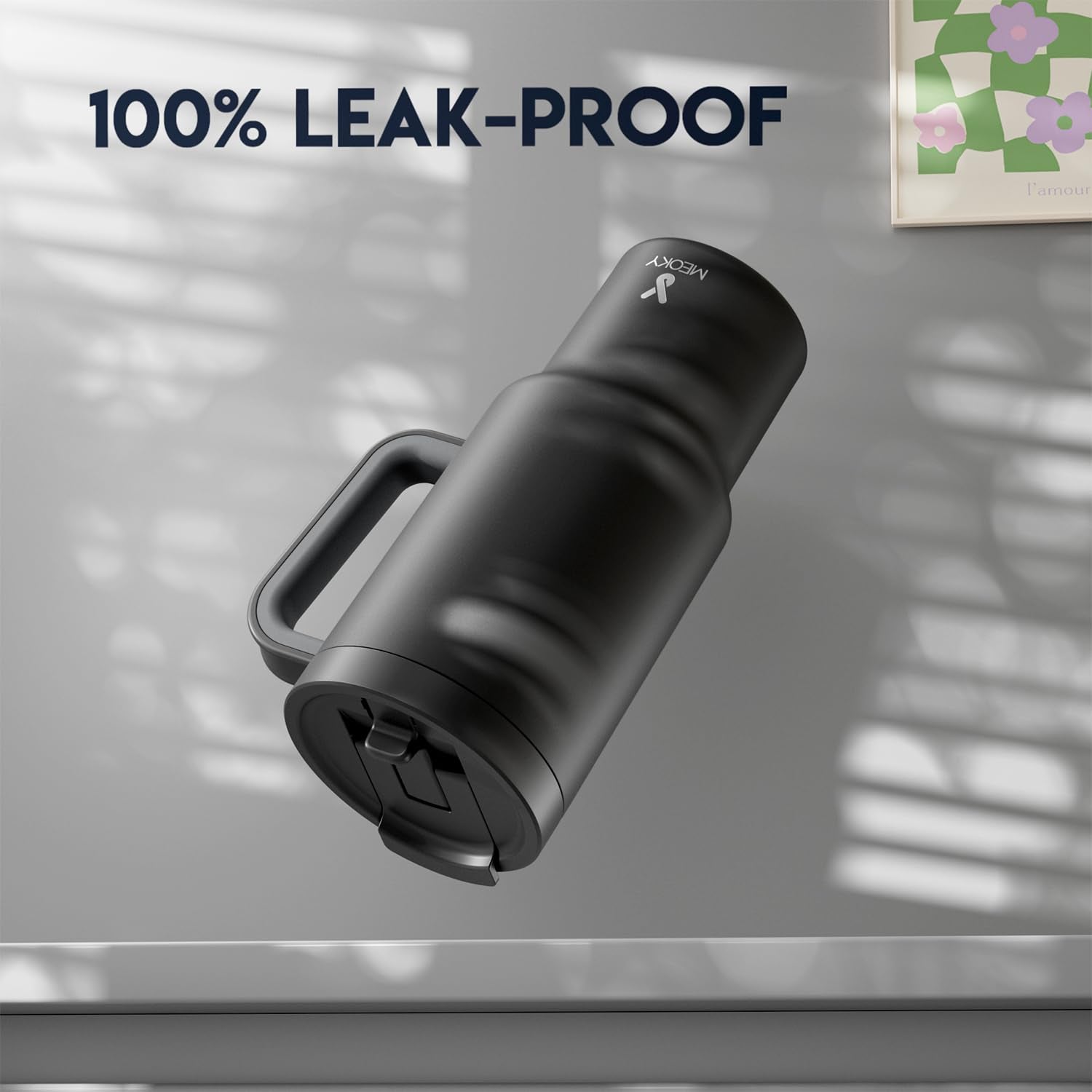 Meoky 32 oz tumbler with double-wall insulation preserves cold drinks longer.