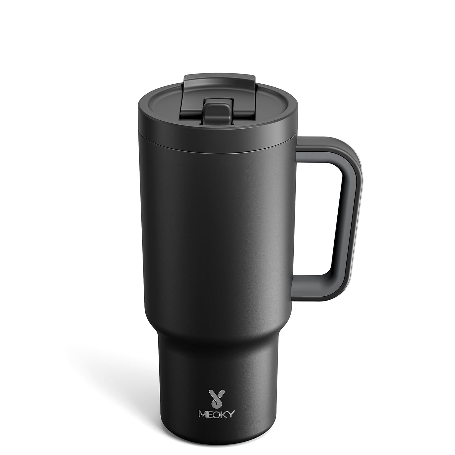 Meoky 32 oz tumbler with handle and flip straw for easy sipping on the go.