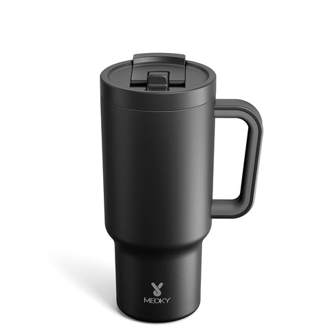 Meoky 32 oz tumbler with handle and flip straw for easy sipping on the go.