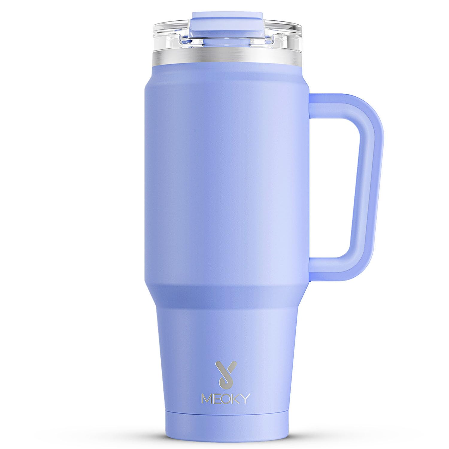 Meoky 32 oz tumbler with handle in lilac keeps beverages cold for 24 hours.