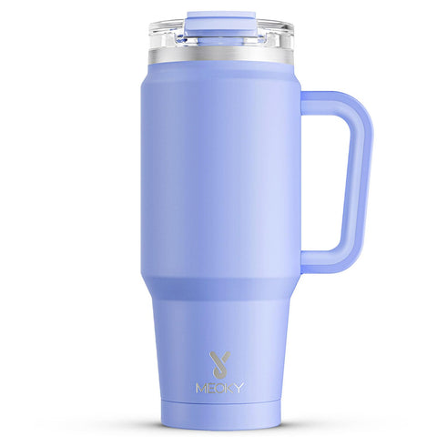 Meoky 32 oz tumbler with handle in lilac keeps beverages cold for 24 hours.