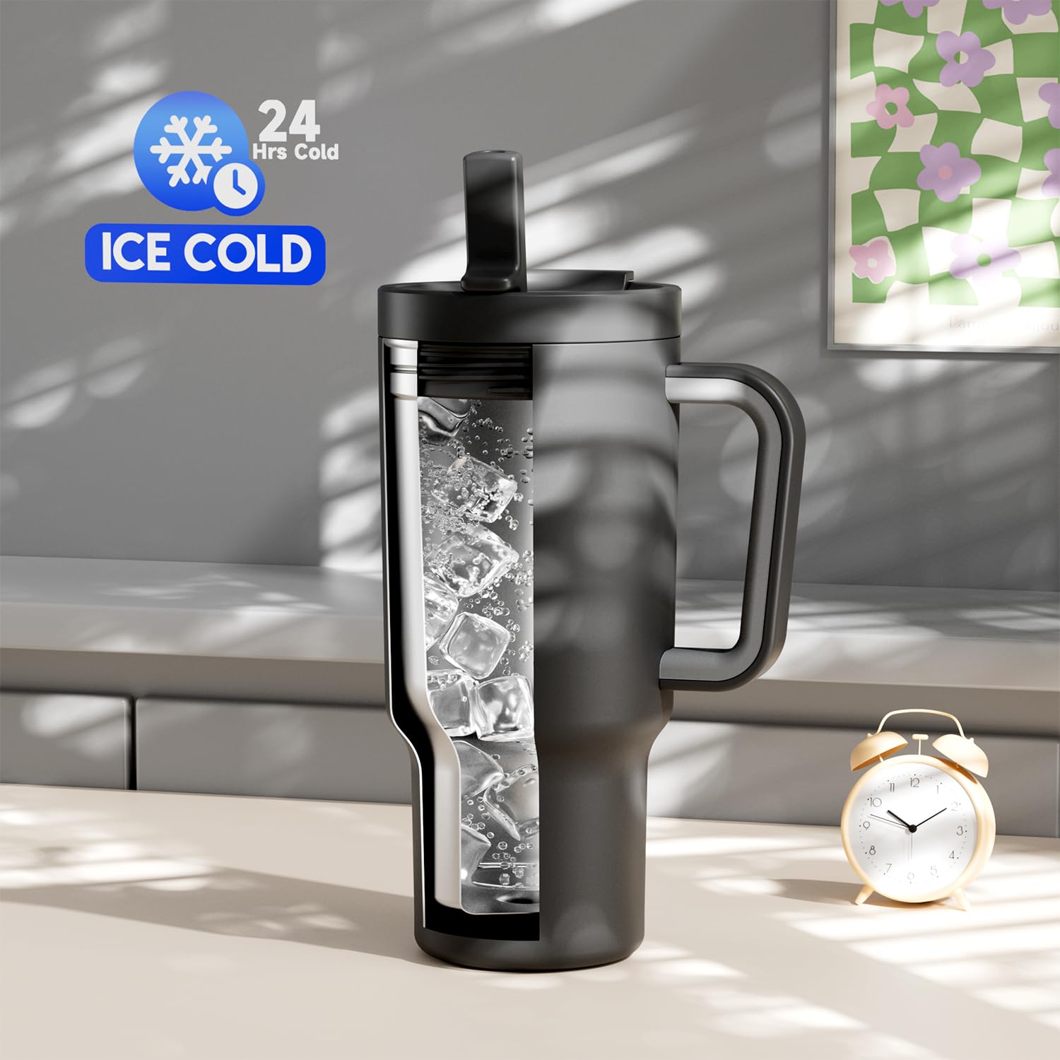 Meoky 32 oz tumbler leakproof lid keeps beverages mess-free during commutes.