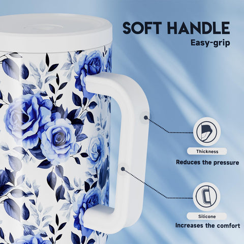 Showcasing cold beverage protection with double-wall insulation for hours.