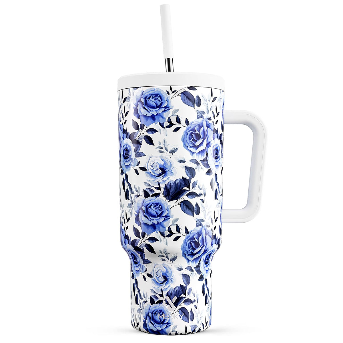 Meoky 40 oz tumbler with handle and straw, blue rose, comfortable on-the-go hydration.