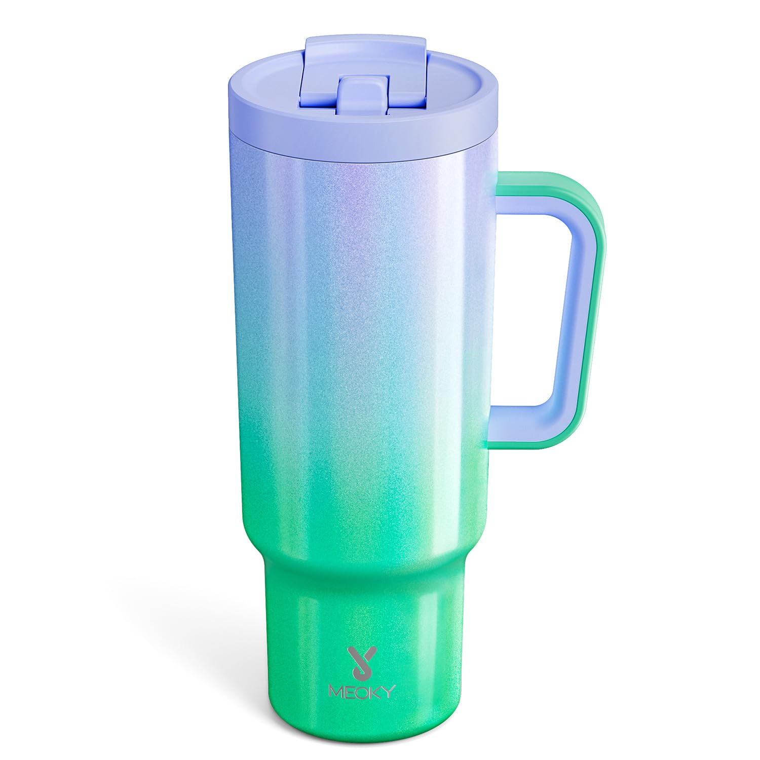 Meoky 40 oz tumbler with handle for easy grip during commutes.