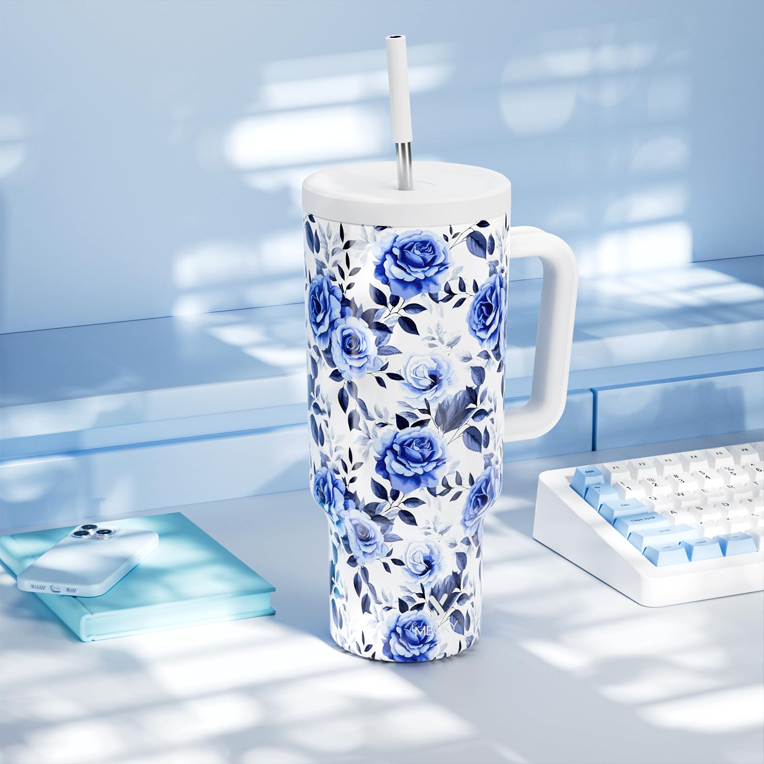 Meoky 40 oz in blue rose, usable anytime, anywhere.