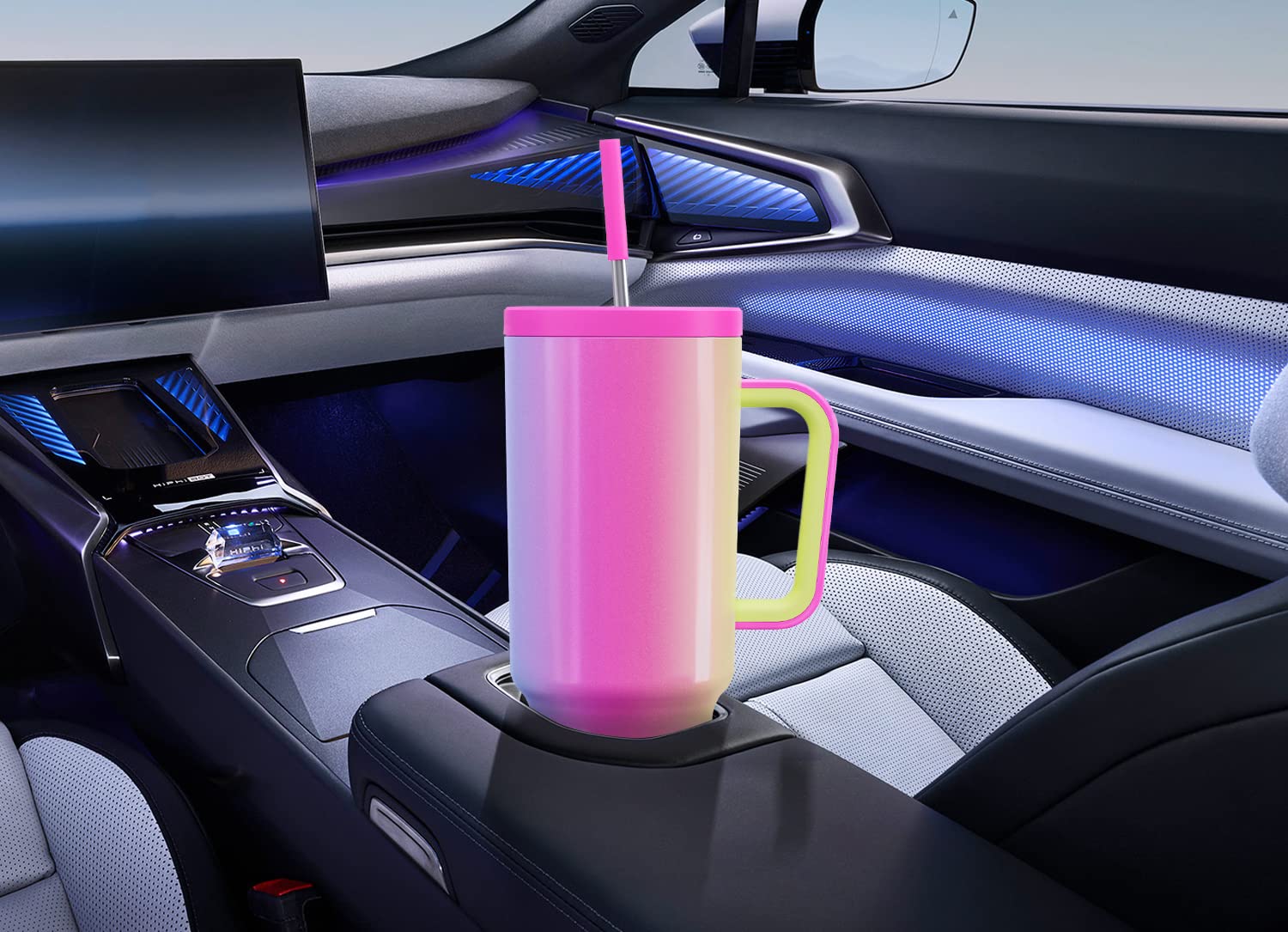 Meoky 40oz travel mug in use beside cupholder demonstrates portability.