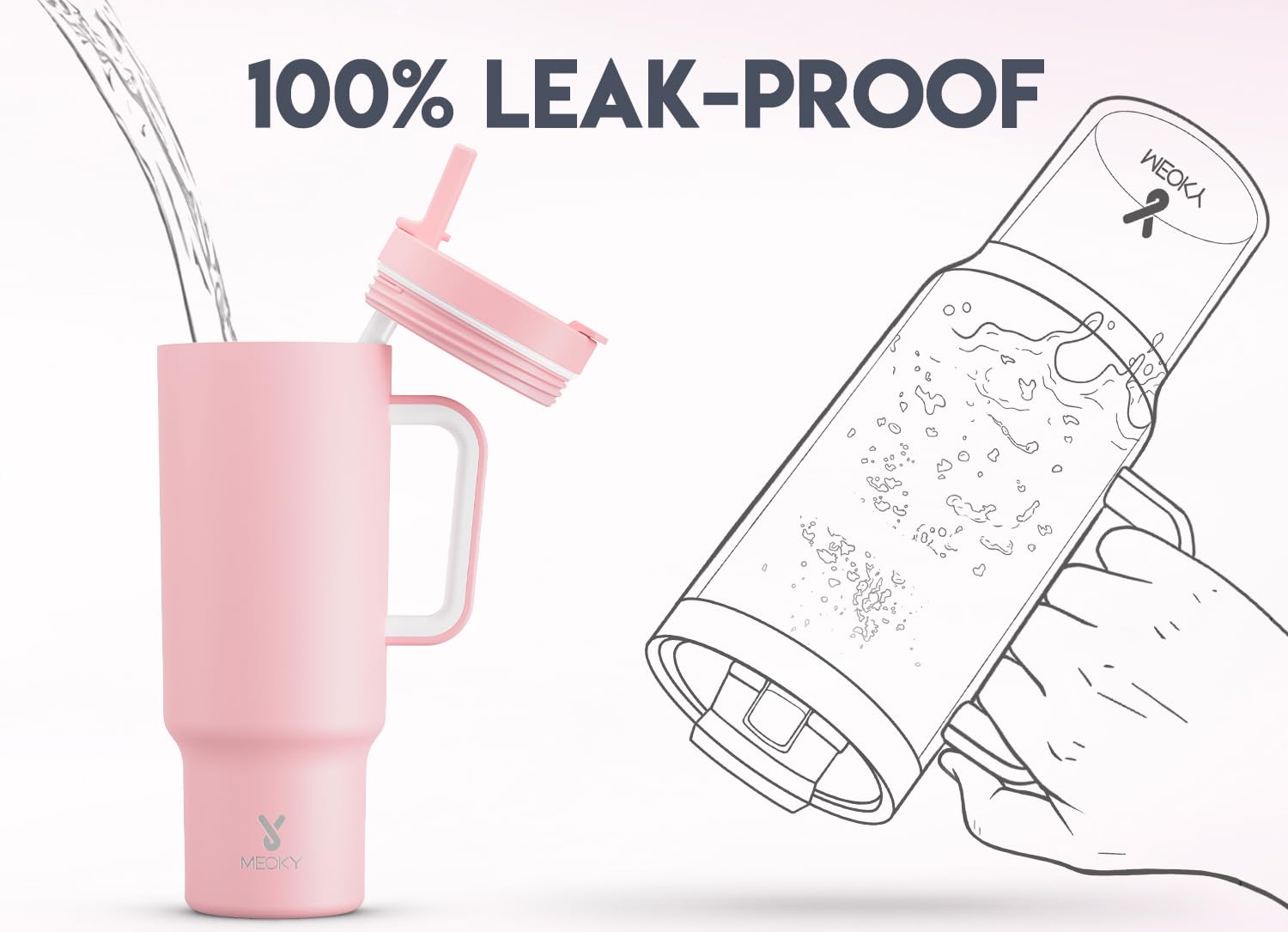 Meoky 40oz tumbler leakproof lid keeps drinks secure during travel.