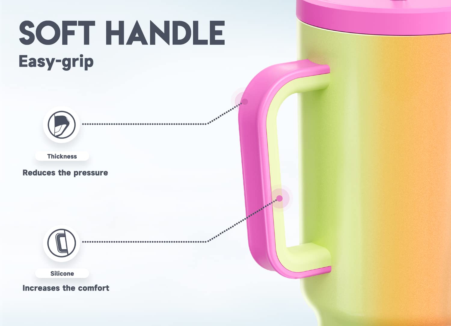 Meoky tumbler with non-slip base stays upright during travel or desk use.