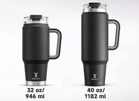 Meoky tumbler in use on the go demonstrates long-lasting temperature control.
