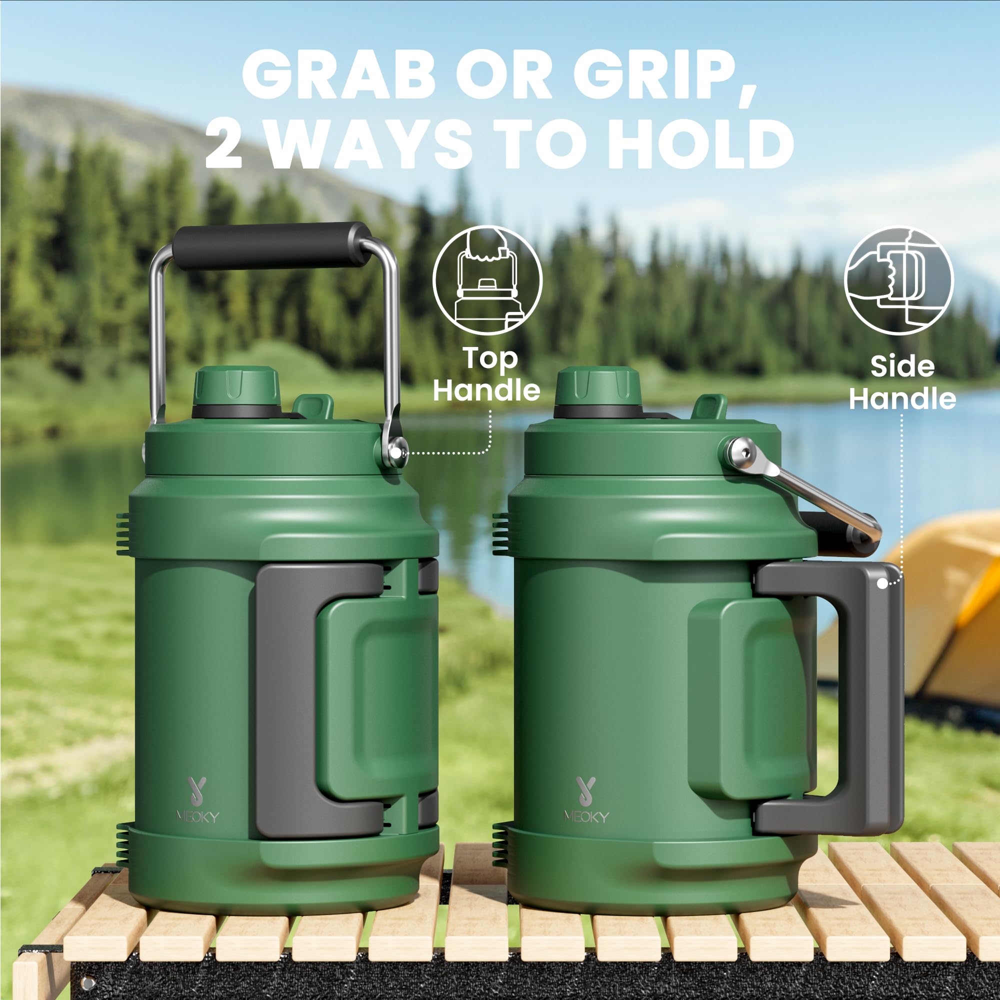 Meoky 64 oz bottle with 2-in-1 lid for sipping and quick swigs on the go