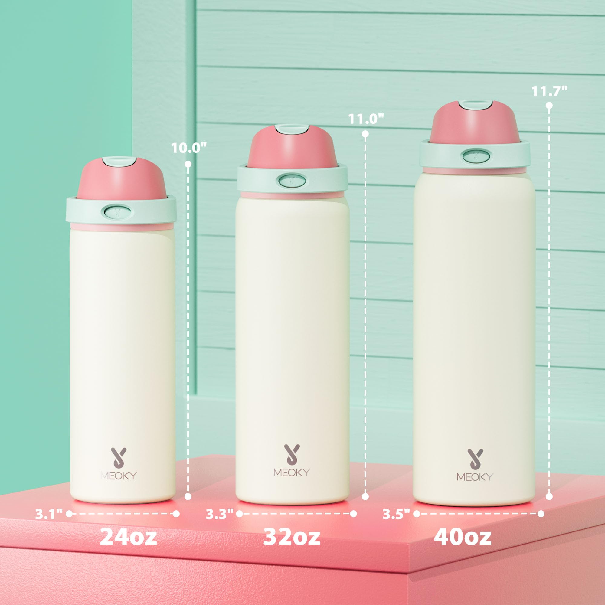 Meoky bottle shows leak-proof seal and sturdy carry loop.
