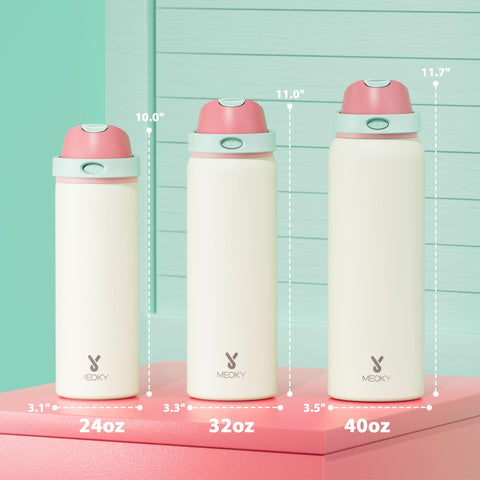 Meoky bottle shows leak-proof seal and sturdy carry loop.