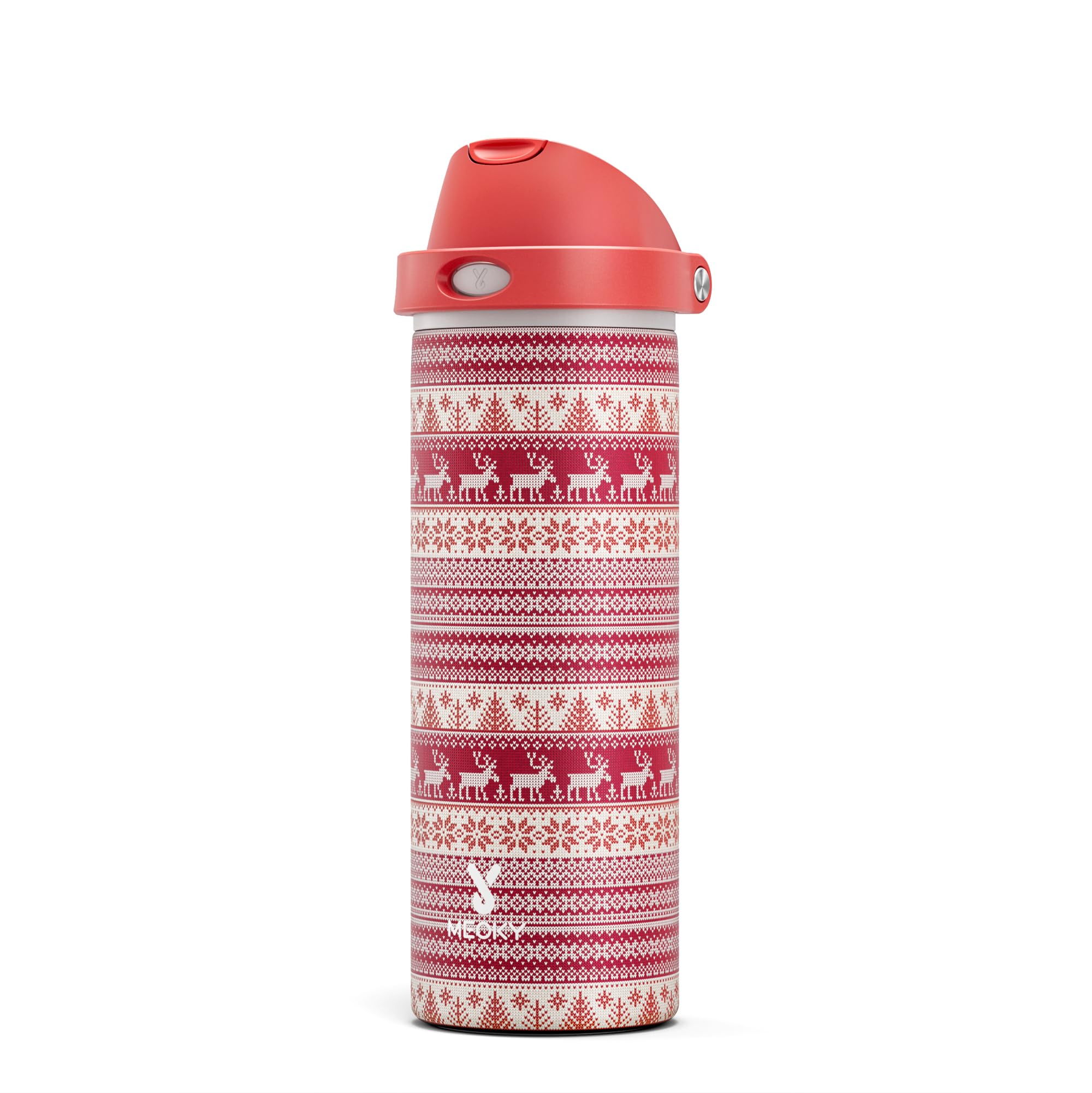 Meoky 24oz insulated bottle with festive pattern keeps drinks cool during winter outings.