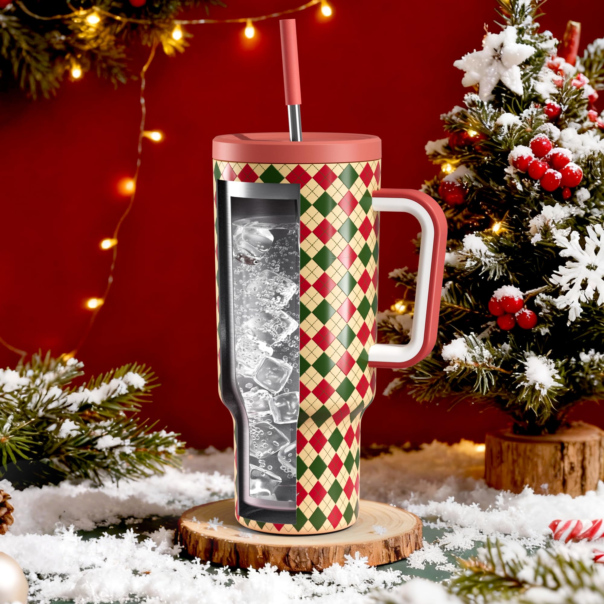 Meoky tumbler handle detail for comfortable, steady grip during winter sips