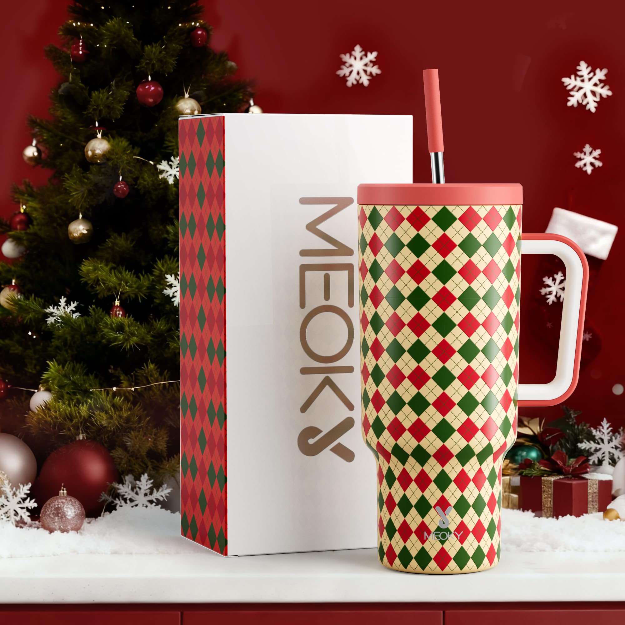 Meoky 40 oz tumbler in use with hot cocoa for cozy moments