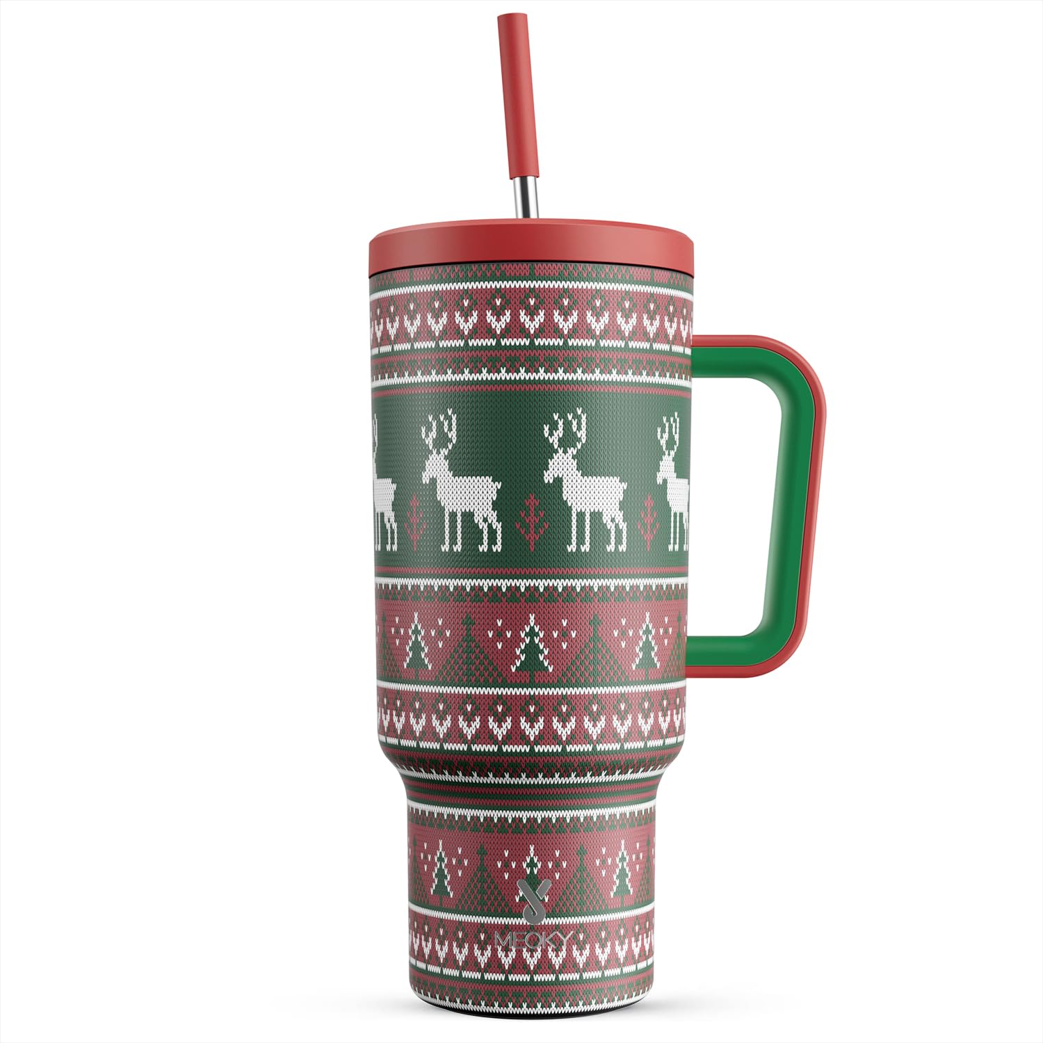 Meoky Christmas tumbler with handle and straw for cozy cocoa on cold days.