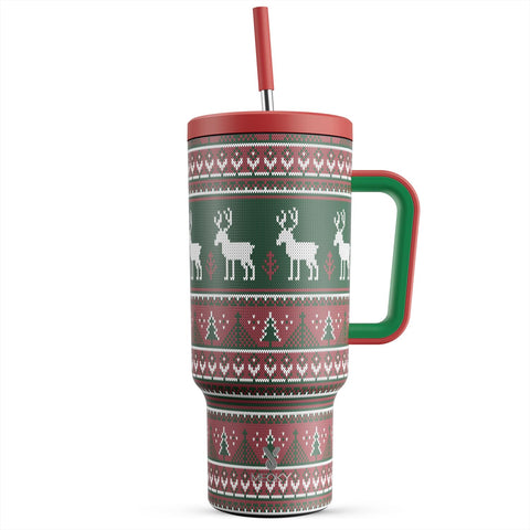 Meoky Christmas tumbler with handle and straw for cozy cocoa on cold days.