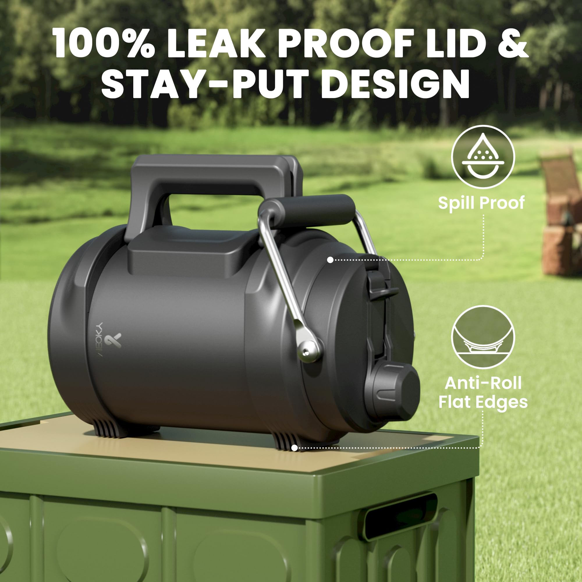 Meoky keeps beverages cold up to 36 hours outdoors.