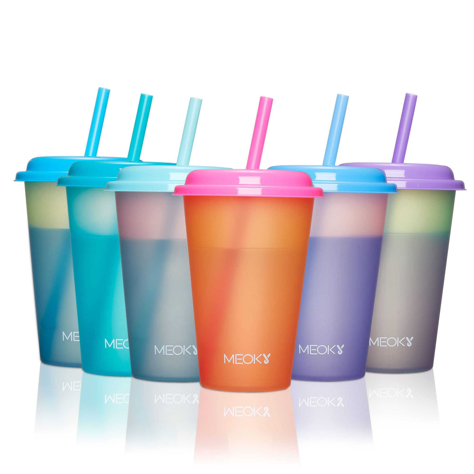 Meoky color-changing cups set with lids for kid-friendly parties.