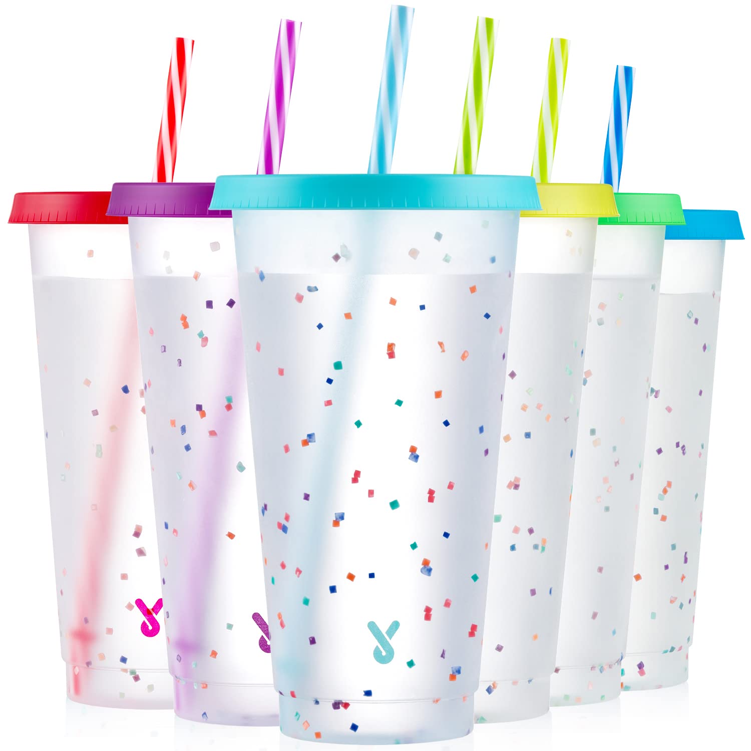 Meoky confetti color-changing cups reveal vibrant hues when filled with cold drinks.