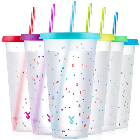 Meoky confetti color-changing cups reveal vibrant hues when filled with cold drinks.