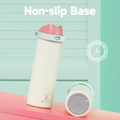 Meoky cream-colored bottle fits car cup holders on trips.