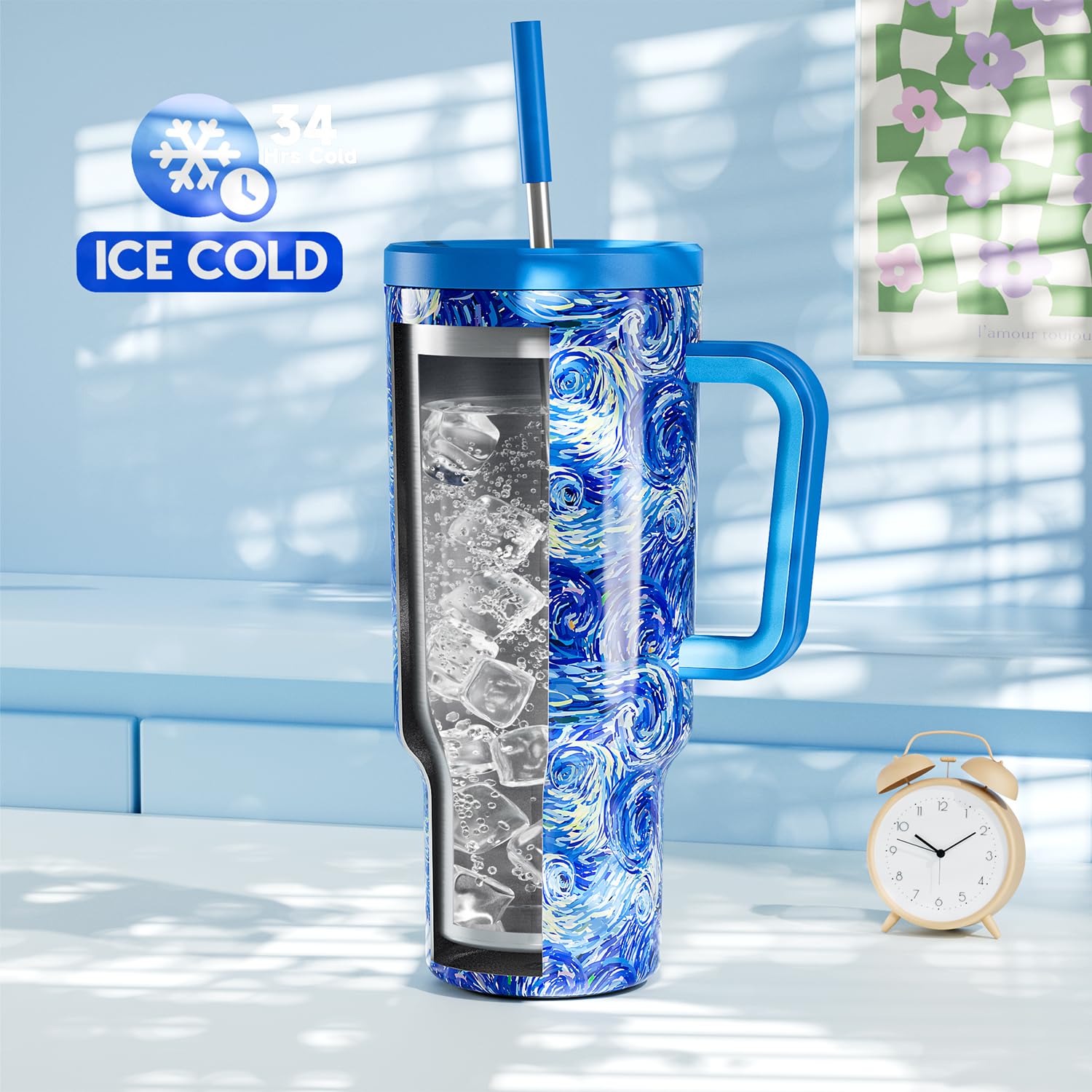 Meoky tumbler with double-wall insulation maintains cold beverages during busy days.