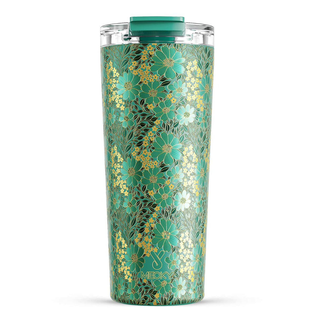 Meoky Emerald Bloom travel mug with leak-proof lid ready for daily use.