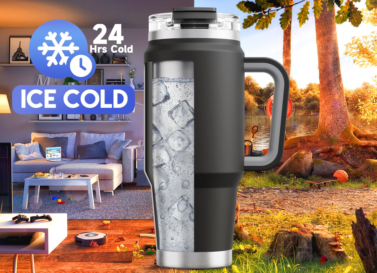 Meoky insulated tumbler with lid and straw showing leak-proof design for travel