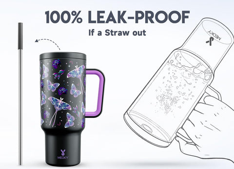 Meoky leak-proof lid with silicone straw prevents metallic taste
