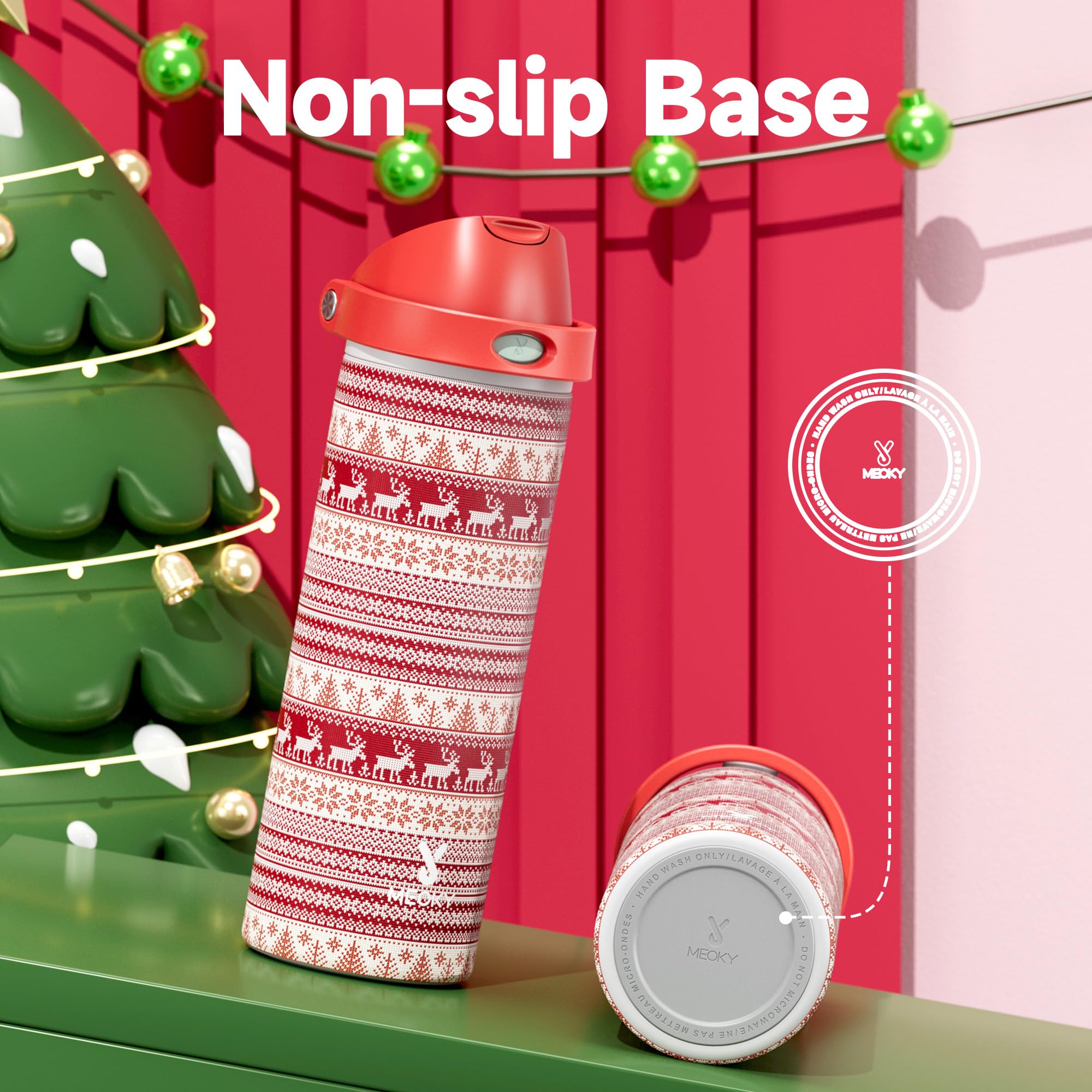 Meoky bottle seal and carry loop prevent leaks during travel.