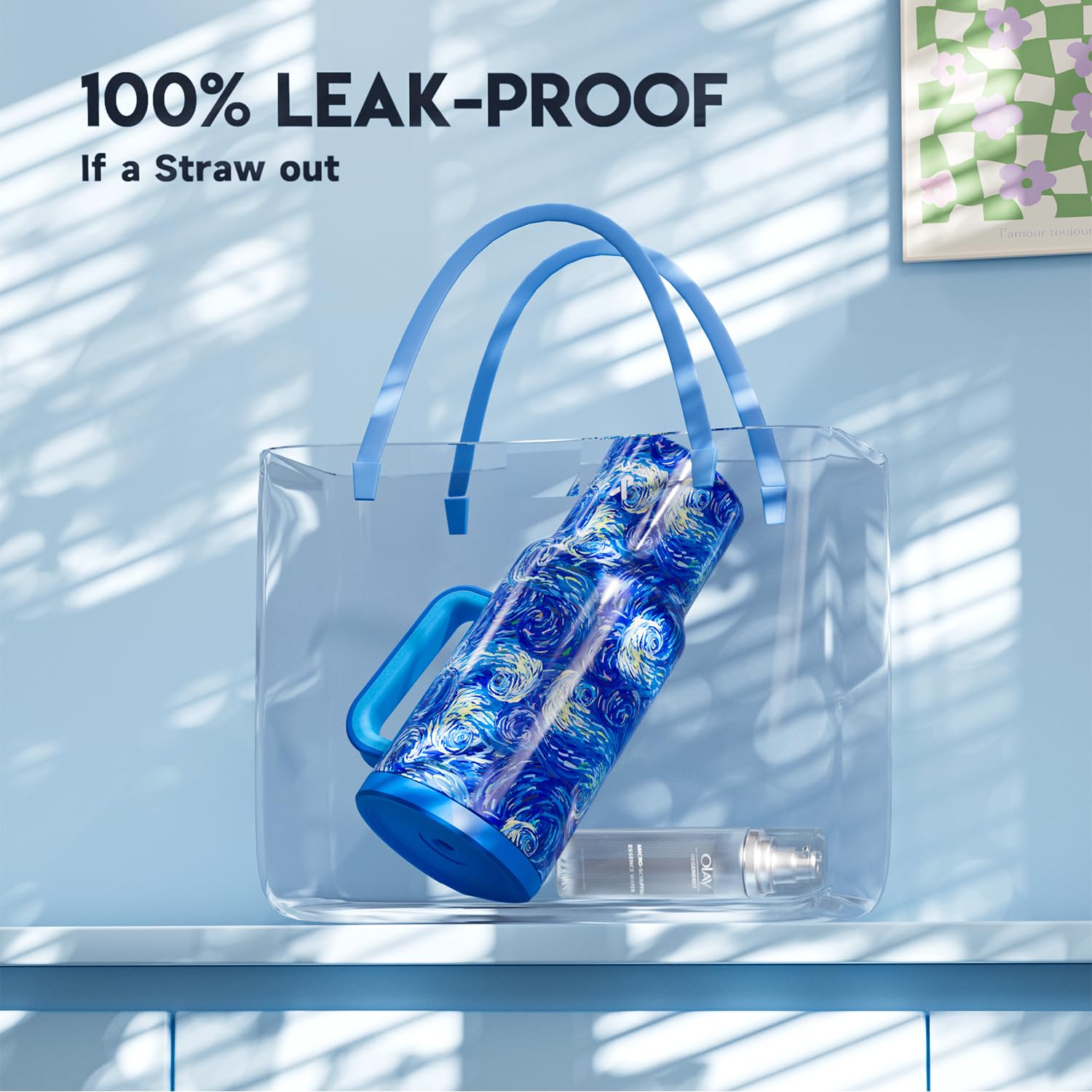 Meoky leakproof lid with straw helps prevent spills during travel.
