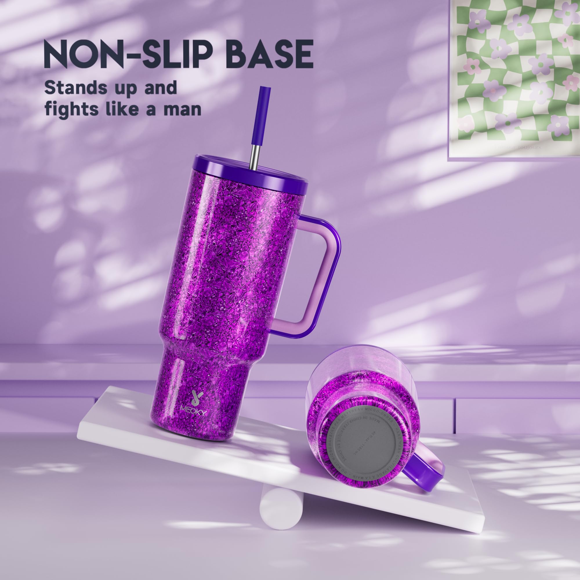 Meoky 100% leak-proof lid prevents spills on the go.