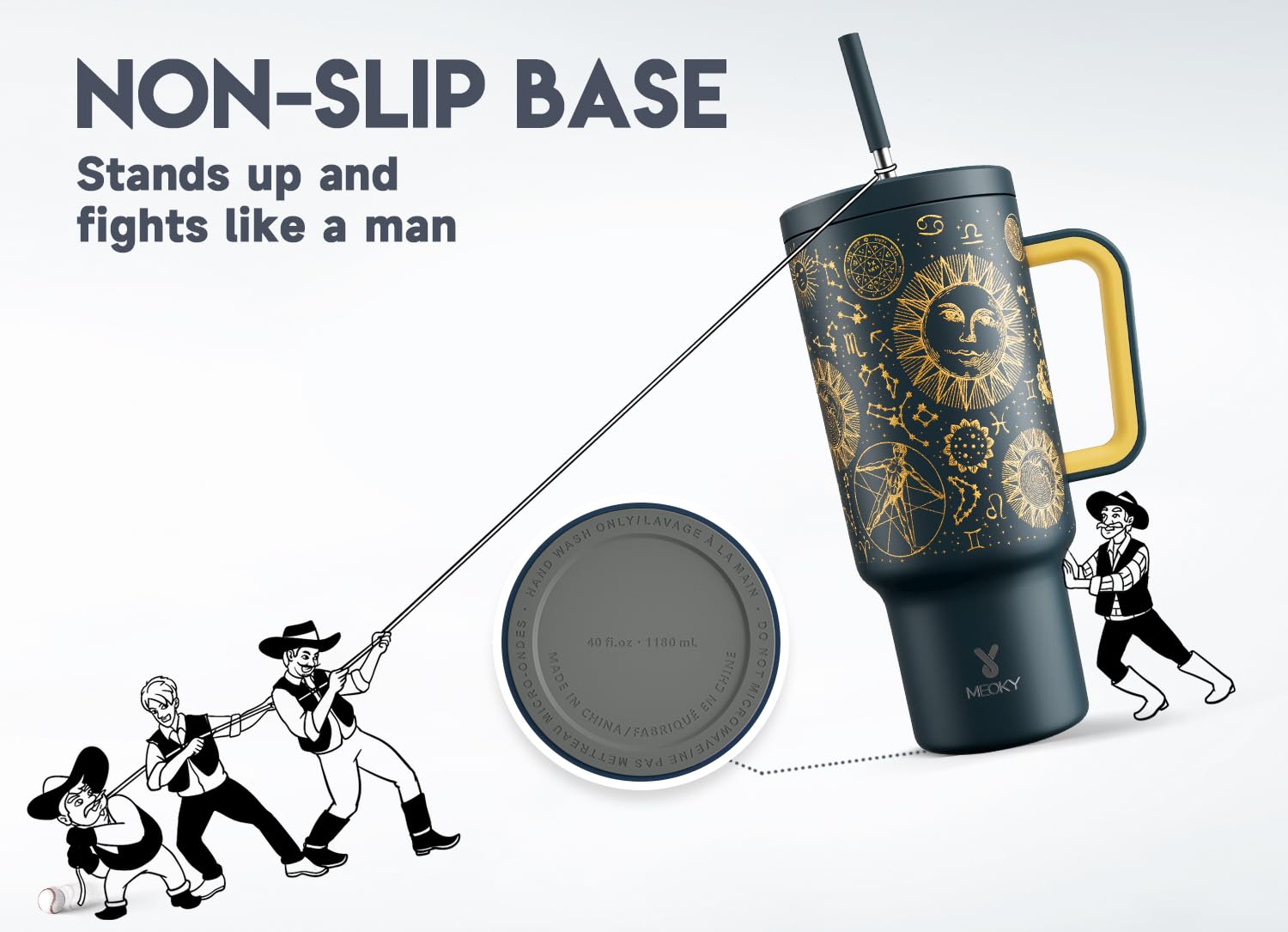 Meoky non-slip base prevents tipping on countertops and in cars