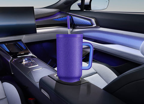Meoky travel mug fits cup holders for car or on-the-go use.