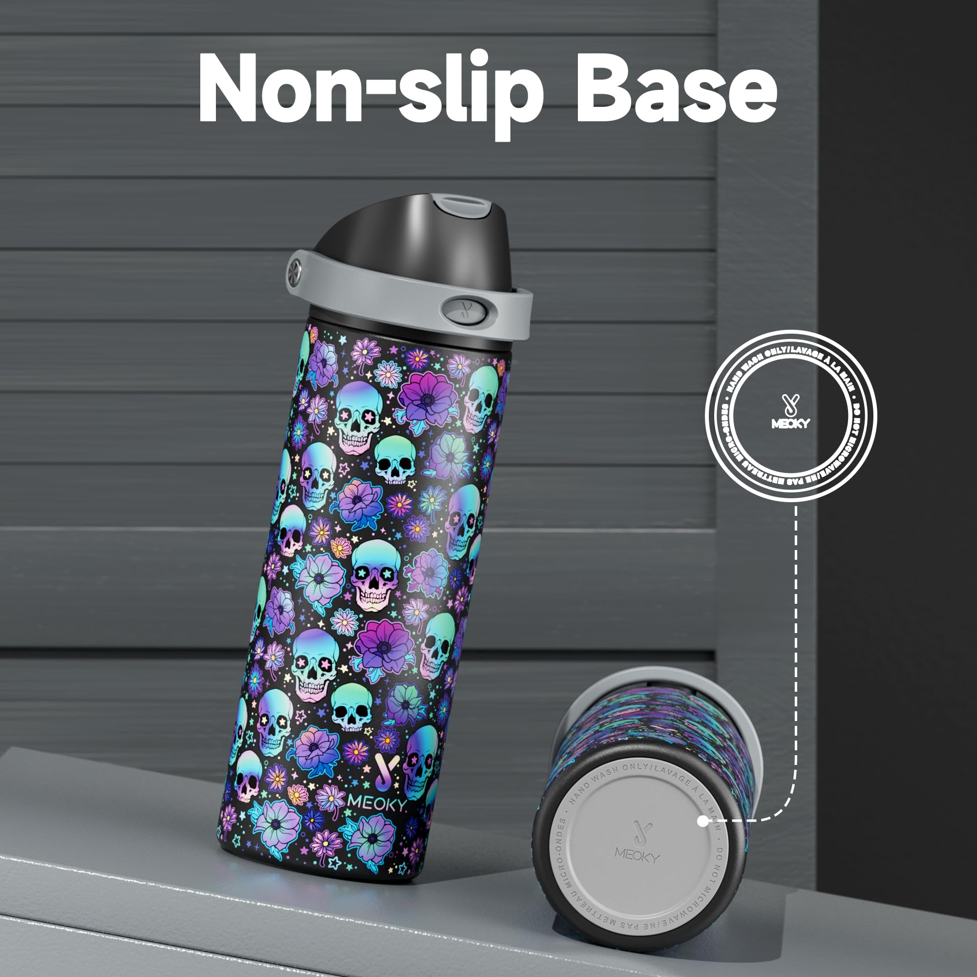 Spooky Petals design with textured finish catching light on Meoky bottle