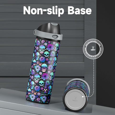 Spooky Petals design with textured finish catching light on Meoky bottle
