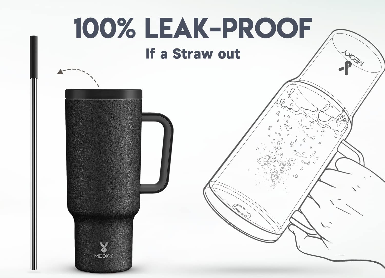 Meoky stainless steel travel mug keeps beverages at temperature.